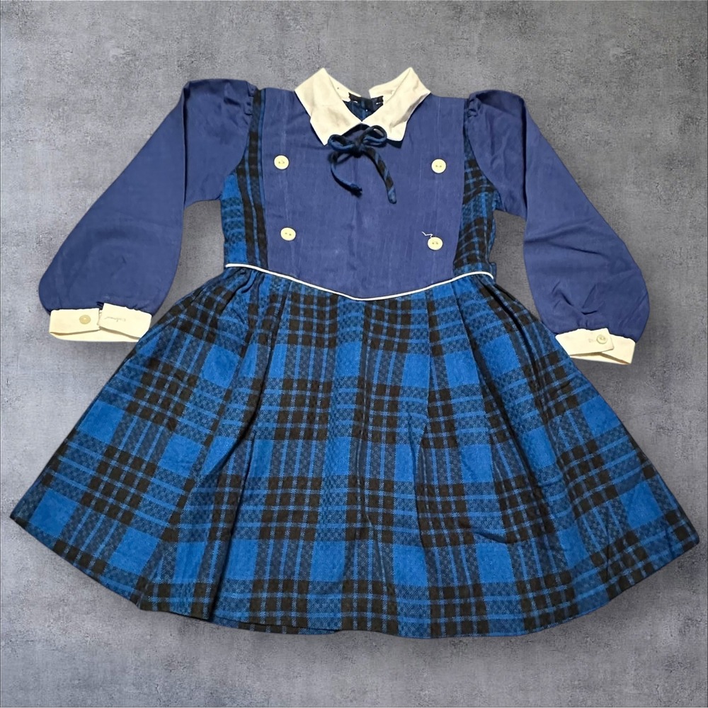 Vintage Baby Girl‎ Plaid Dress Blue Long Sleeve Peter Pan Collar 2T